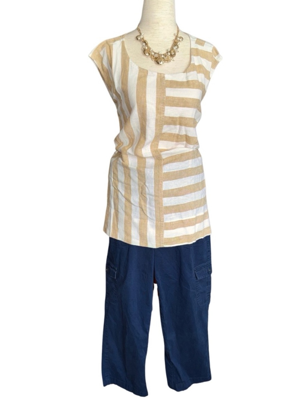 Navy Cropped Cargo Pants Wide Leg Cotton Stretch Size 10